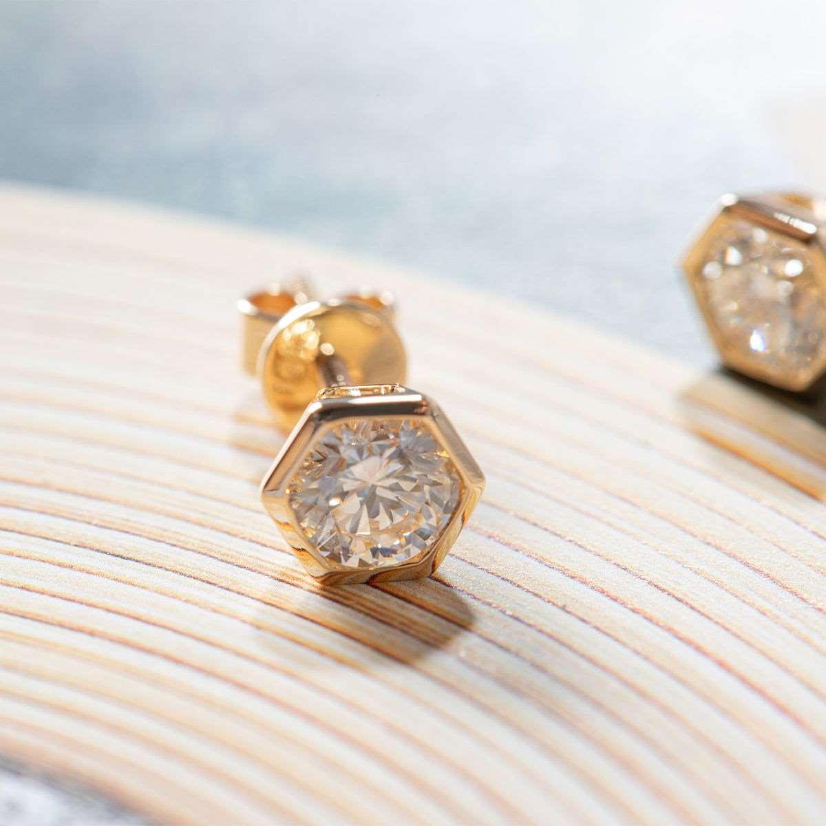 14K Yellow Gold 2 ct tw Round Brilliant Cut Lab Diamond Hexagon Bezel Setting Stud Earrings - FIORESE JEWELRY