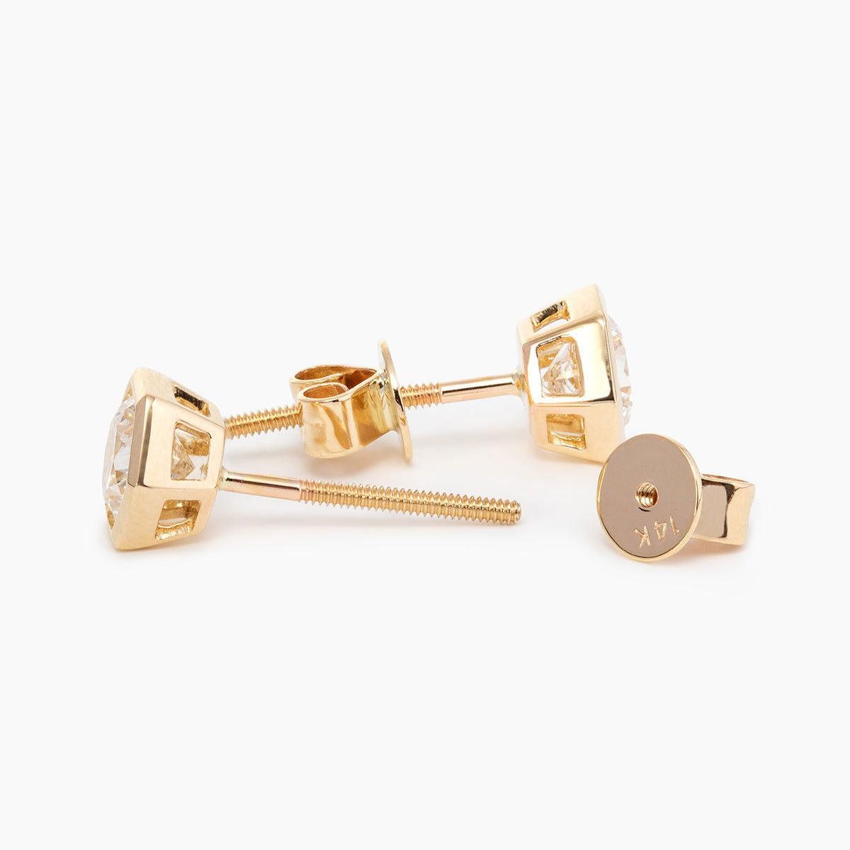 14K Yellow Gold 2 ct tw Round Brilliant Cut Lab Diamond Hexagon Bezel Setting Stud Earrings - FIORESE JEWELRY