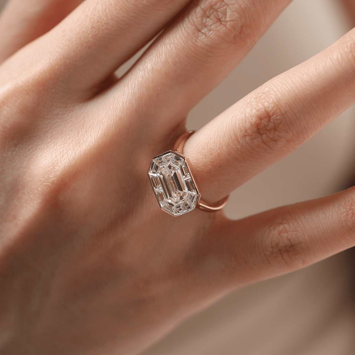 14K Yellow Gold 2.5ct Antique Emerald Cut Lab Diamond Ring with Tapered Step Cut Lab Diamond Halo - FIORESE JEWELRY