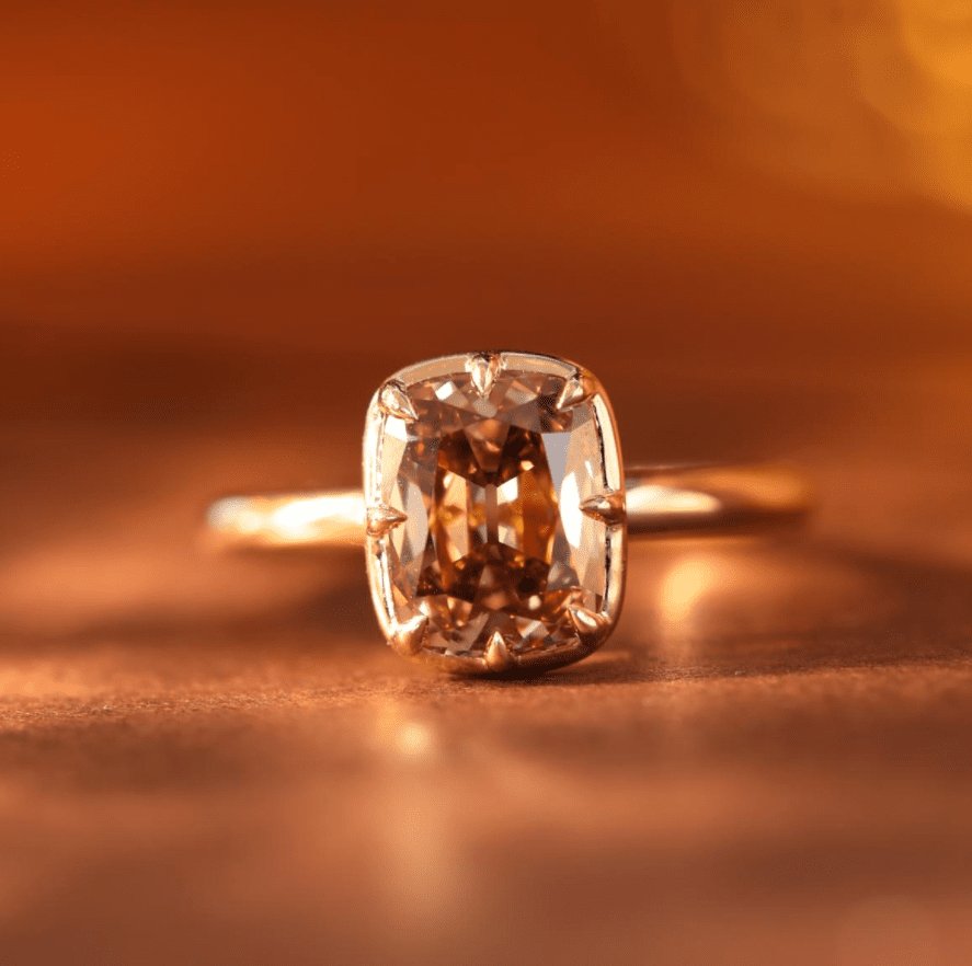 14K Yellow Gold 2.5ct Elongated Old Mine Cut Brown Lab Diamond 8 Claw Prongs Basket Solitaire Ring - FIORESE JEWELRY