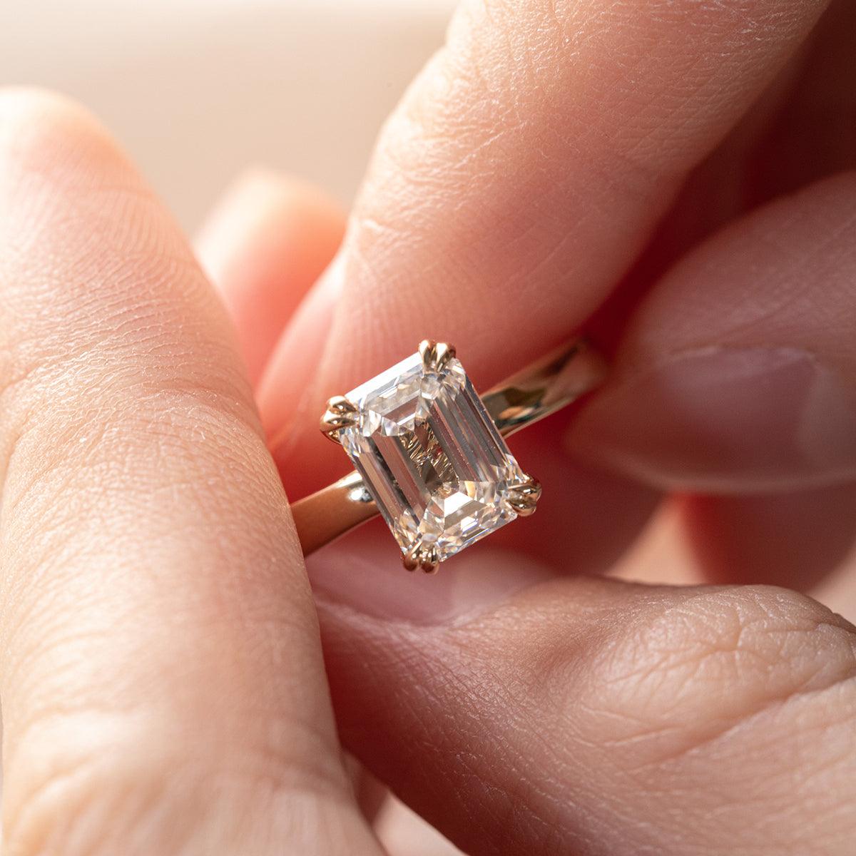 14K Yellow Gold 2.5ct Emerald Cut Lab Diamond Double Prong Solitaire Ring - FIORESE JEWELRY
