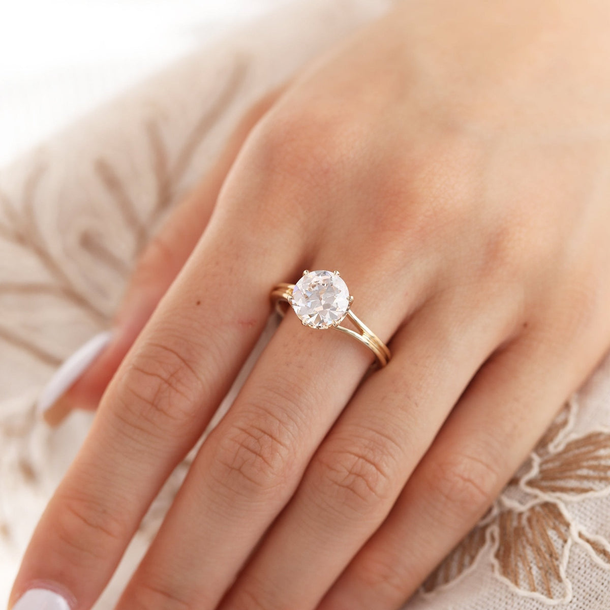 14K Yellow Gold 2.5ct Old European Cut Lab Diamond 6 Claw Prong Crown Basket Solitaire Ring - FIORESE JEWELRY