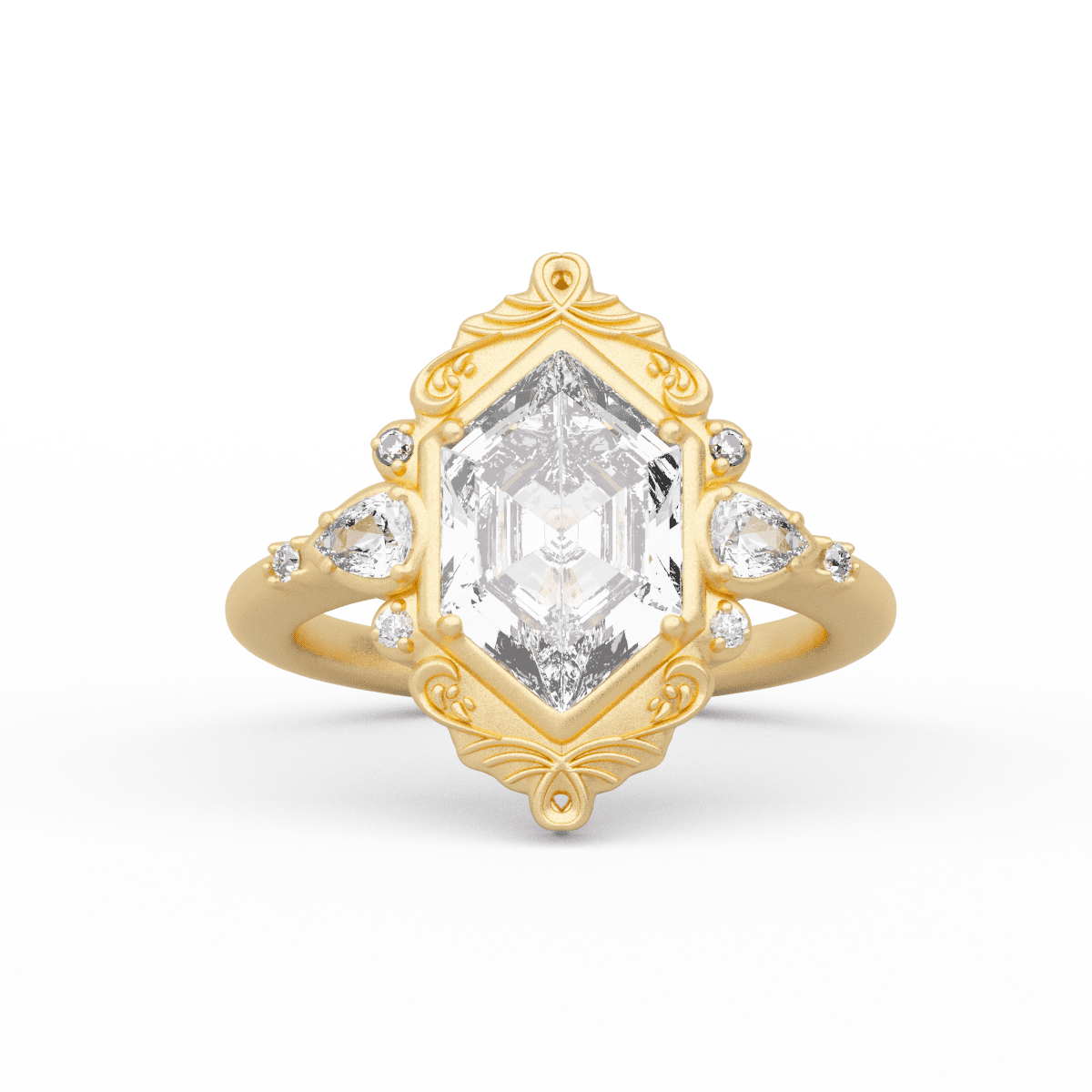 14K Yellow Gold 2ct Elongated Hexagonal Cut Lab Diamond Victoran - Style Bezel Ring with Floral Motifs - FIORESE JEWELRY