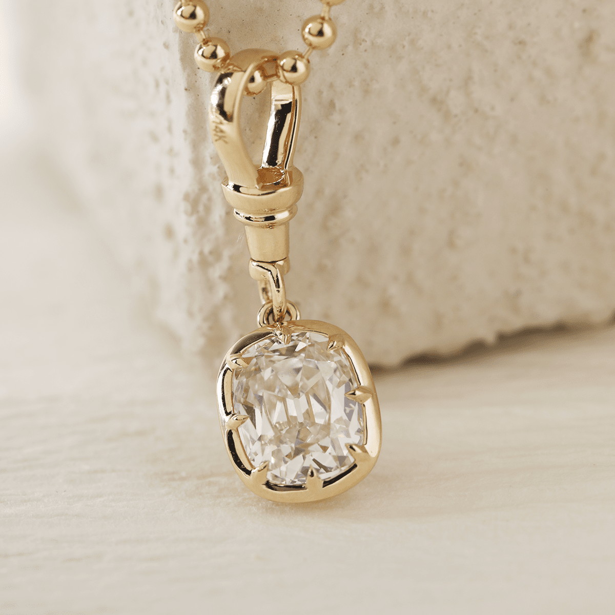 14K Yellow Gold 2ct Elongated Old Mine Cut Lab Diamond Bezel Pendant Necklace with Cross Chain - FIORESE JEWELRY