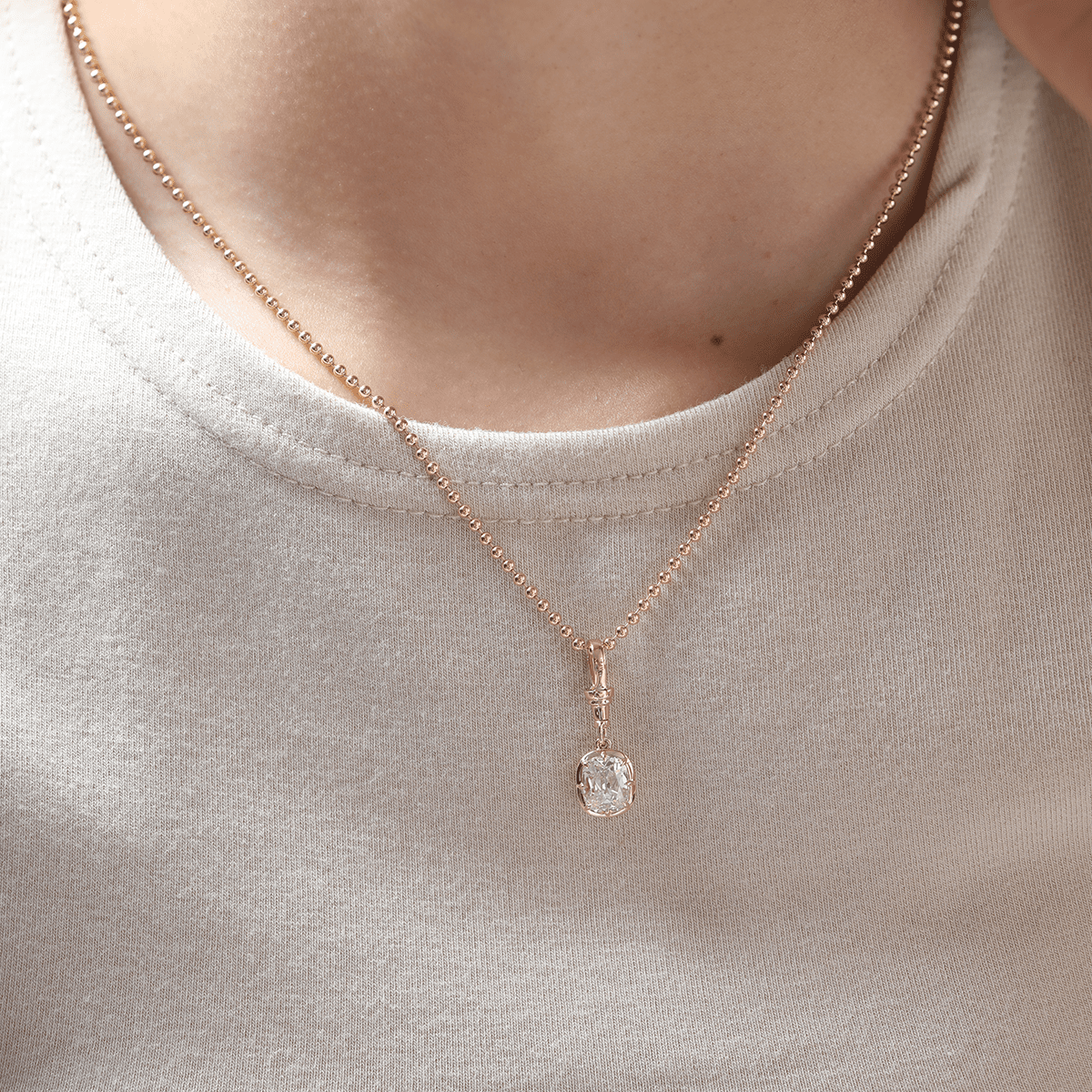 14K Yellow Gold 2ct Elongated Old Mine Cut Lab Diamond Bezel Pendant Necklace with Cross Chain - FIORESE JEWELRY