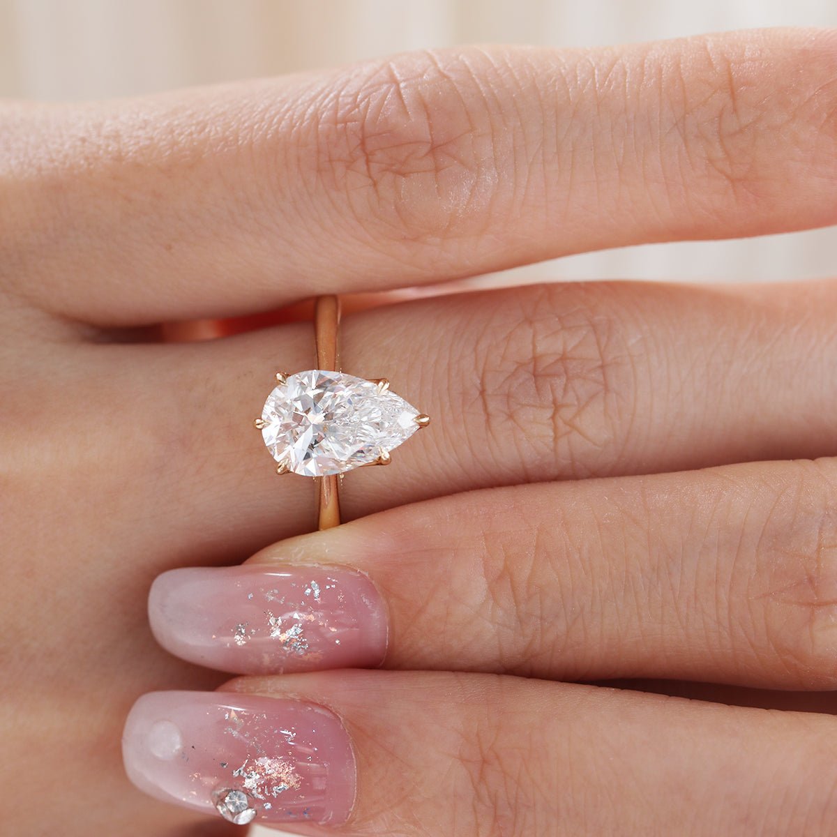14K Yellow Gold 2ct Pear Cut Lab Diamond 6 Claw Prongs Floral Basket Ring with Hidden Round Diamond Millegrain Pave - FIORESE JEWELRY
