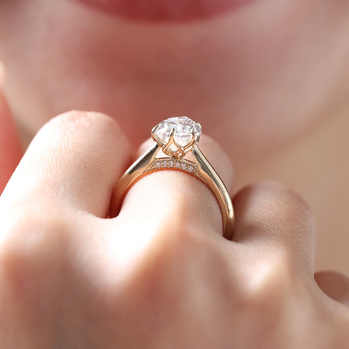 14K Yellow Gold 2ct Pear Cut Lab Diamond 6 Claw Prongs Floral Basket Ring with Hidden Round Diamond Millegrain Pave - FIORESE JEWELRY