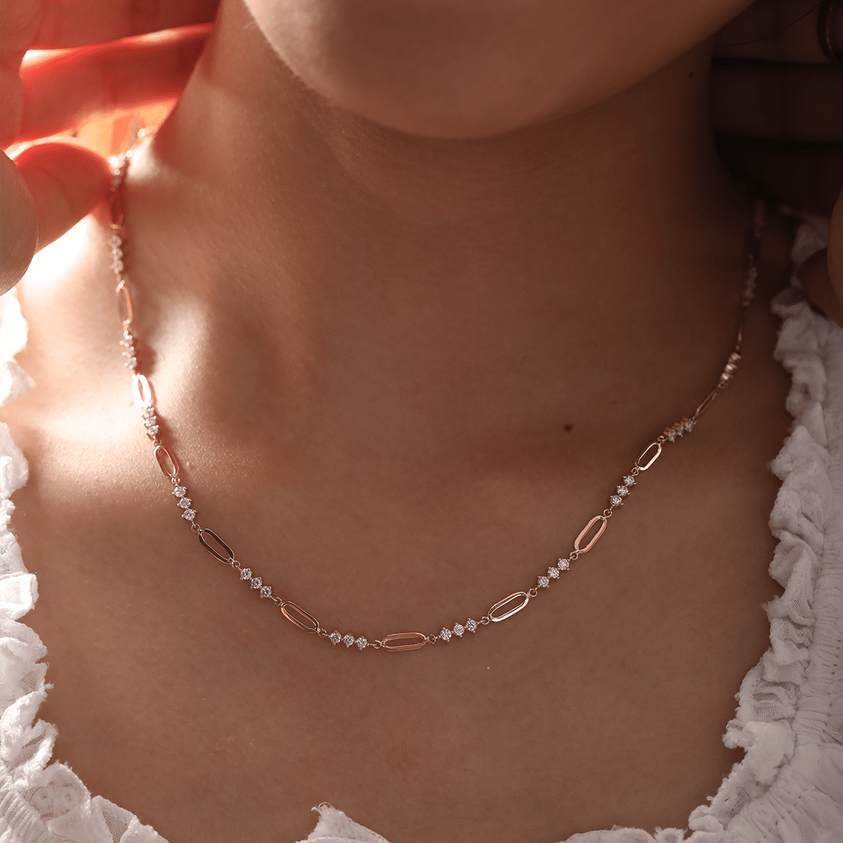 14K Yellow Gold 2mm Round Lab Diamond Cross Squashed Chain Station Necklace - FIORESE JEWELRY