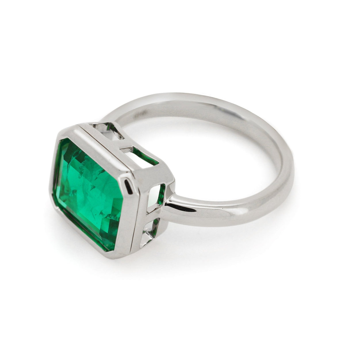 14K Yellow Gold 3.5 Carat Lab Emerald Solitaire Cocktail Ring with Bezel Setting - FIORESE JEWELRY