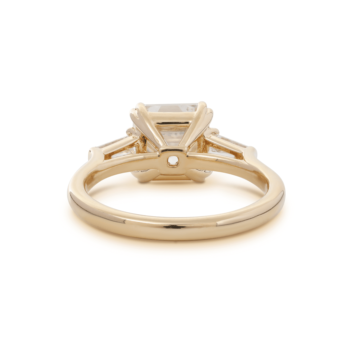 14K Yellow Gold 3.5ct Asscher Cut Lab Diamond Double Claw Prongs Three - stone Ring with Two Tapered Baguette Cut - FIORESE JEWELRY