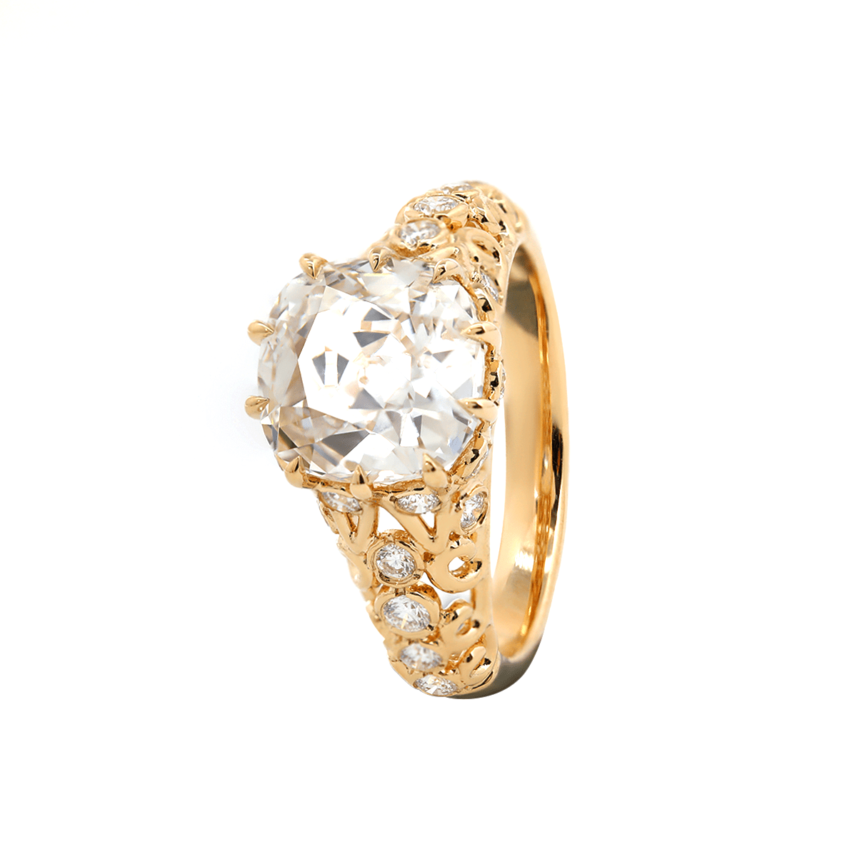14K Yellow Gold 3.5ct Elongated Lab Diamond Antique - inspired Ring - FIORESE JEWELRY