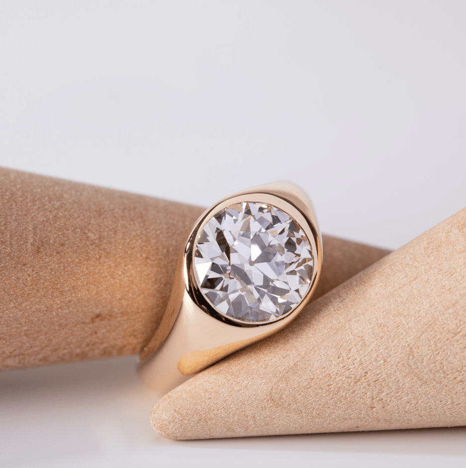 14K Yellow Gold 3.5ct Old European Cut Antique Lab Diamond Bezel Tapered Band Solitaire Ring - FIORESE JEWELRY