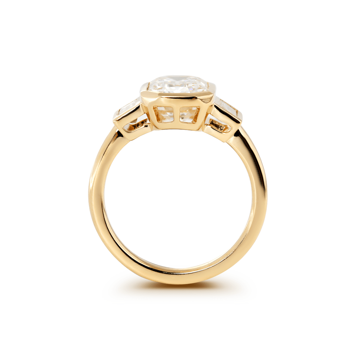 14K Yellow Gold 3ct Antique Emerald Cut Lab Diamond Bezel Three Stone Ring with Baguette Cut Lab Diamond Side - stones - FIORESE JEWELRY