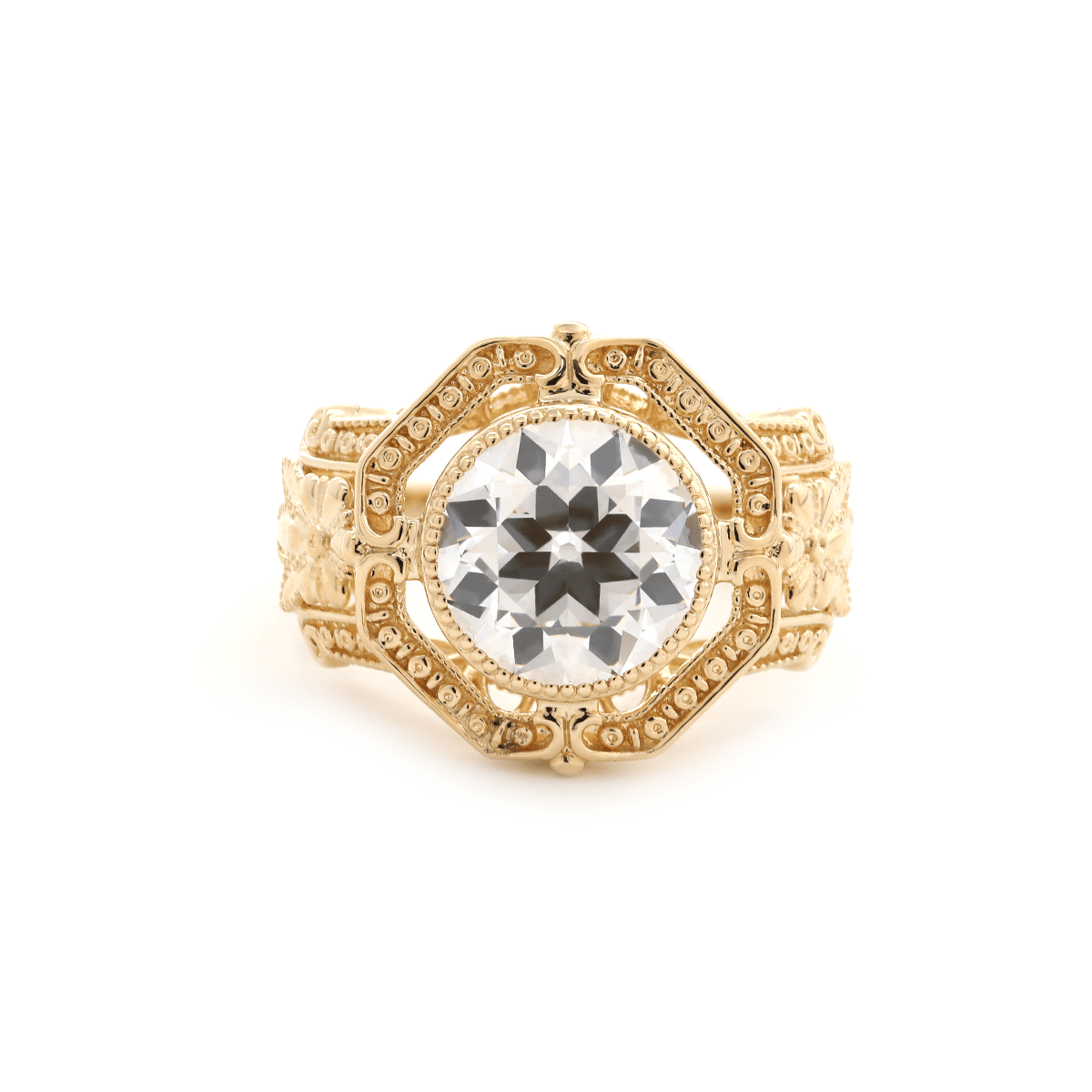 14K Yellow Gold 3ct Old European Cut Lab Diamond Millegrain Bezel Vintage Engraved Ring - Art Deco Style - FIORESE JEWELRY