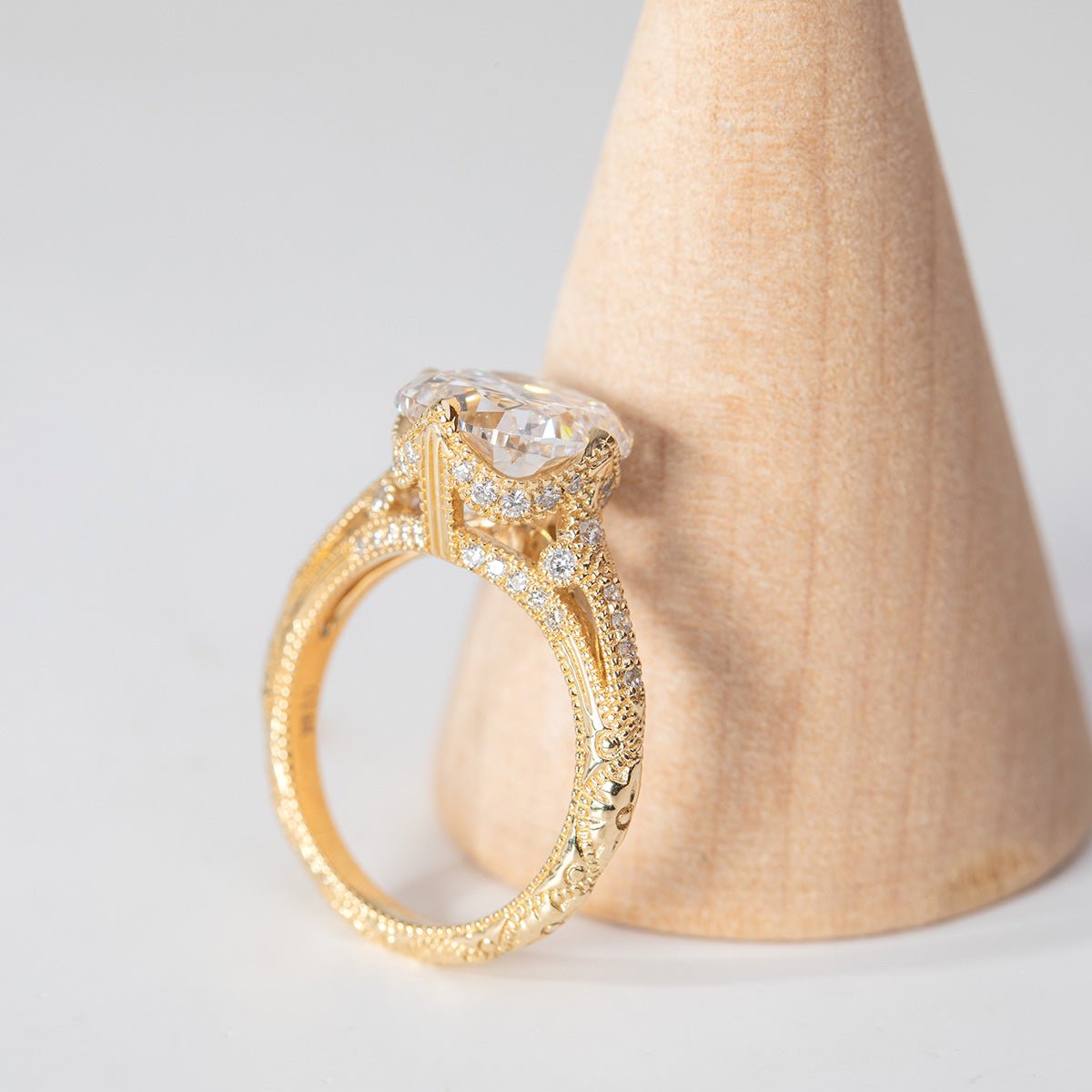 14K Yellow Gold 3ct Old Mine Cut Lab Diamond Crown Setting Diamond - milling Vintage Ring with Round Lab Diamond Side - stone - FIORESE JEWELRY