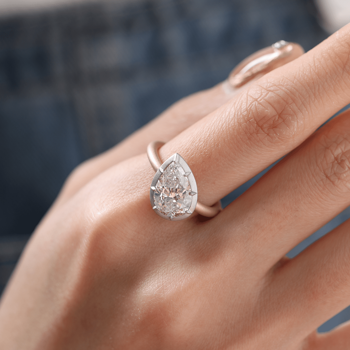 14K Yellow Gold 3ct Pear Shaped Lab Diamond Matte Ring with White Gold Bezel - FIORESE JEWELRY