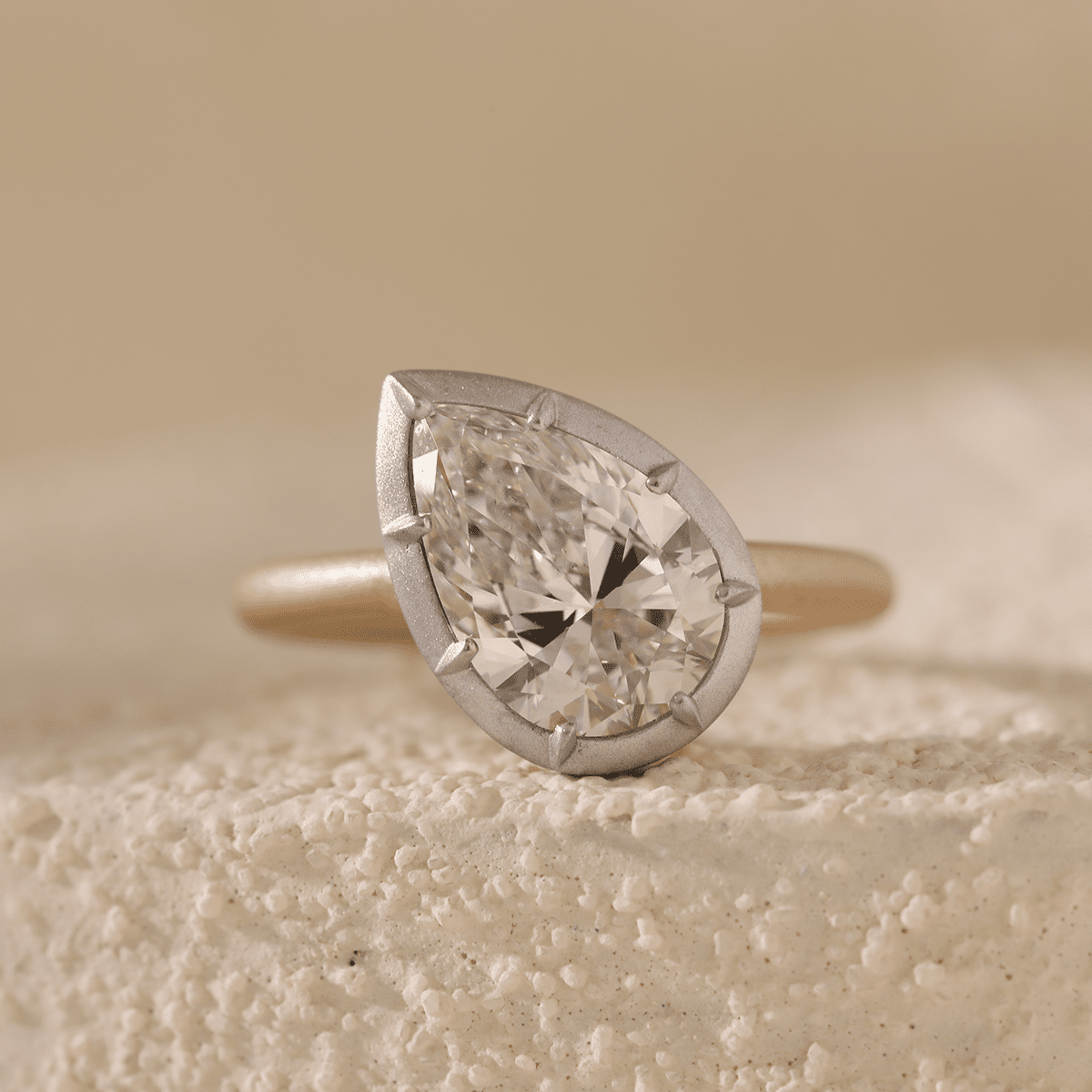 14K Yellow Gold 3ct Pear Shaped Lab Diamond Matte Ring with White Gold Bezel - FIORESE JEWELRY