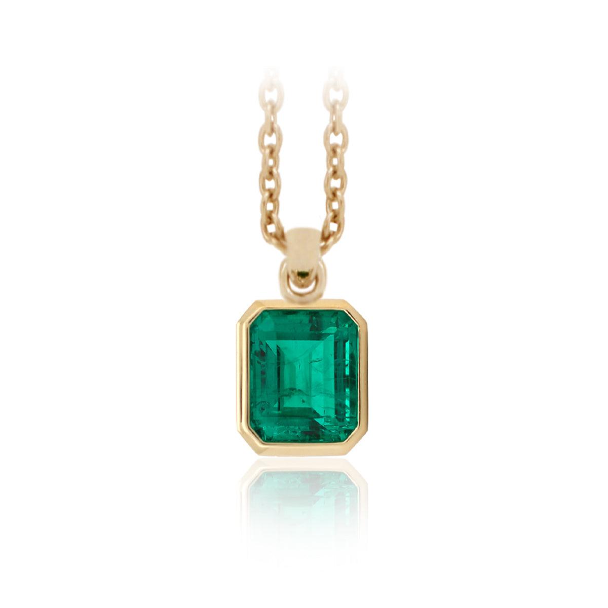 14K Yellow Gold 4ct Emerald Cut Lab Emerald Bezel Pendant Necklace - FIORESE JEWELRY