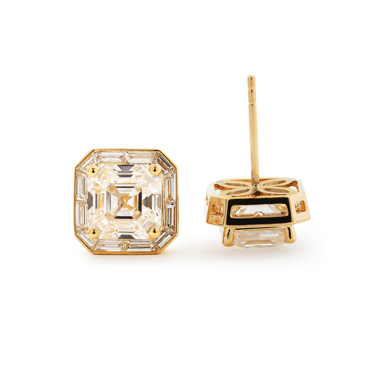14K Yellow Gold 5 ct tw Asshcer Cut Lab Diamond Halo Stud Earrings - FIORESE JEWELRY