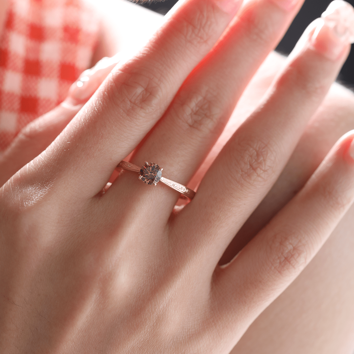 14K Yellow Gold Brown Round Cut Lab Diamond 4 Claw Prong Cathedral Setting Solitaire Ring with Floral Engraving - FIORESE JEWELRY