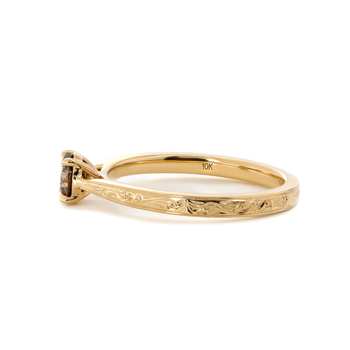 14K Yellow Gold Brown Round Cut Lab Diamond 4 Claw Prong Cathedral Setting Solitaire Ring with Floral Engraving - FIORESE JEWELRY