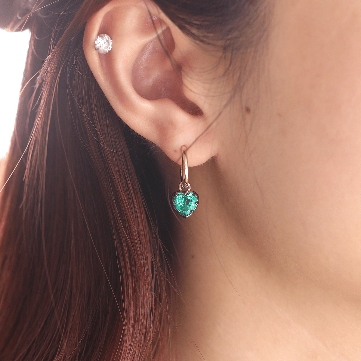14K Yellow Gold Heart Cut Colombian Lab Emerald Bezel Setting Hoop Earrings with Black Rhodium Plated - FIORESE JEWELRY
