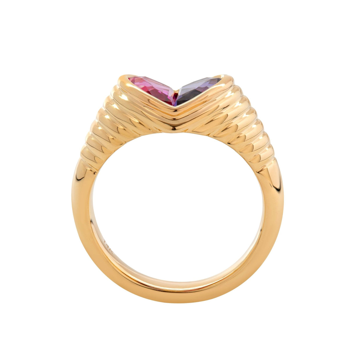 14K Yellow Gold Heart Shaped Toi et Moi Ring with 2 Half Heart Shapes Lab Pink Sapphire and Purple Sapphire (Fancy Corundum) - FIORESE JEWELRY