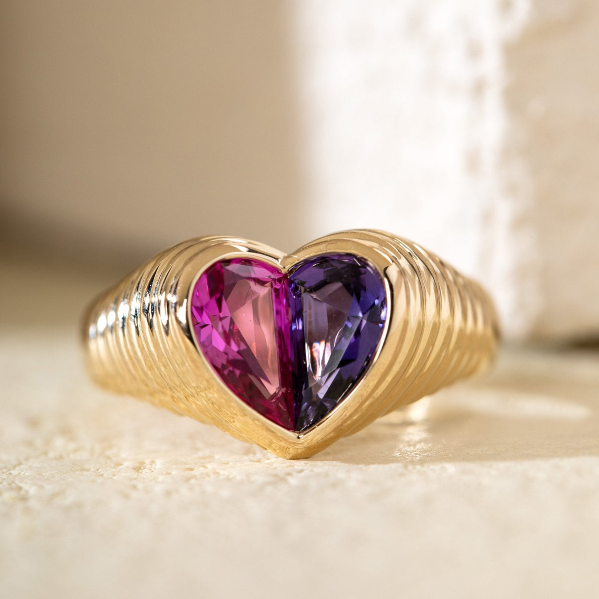 14K Yellow Gold Heart Shaped Toi et Moi Ring with 2 Half Heart Shapes Lab Pink Sapphire and Purple Sapphire (Fancy Corundum) - FIORESE JEWELRY