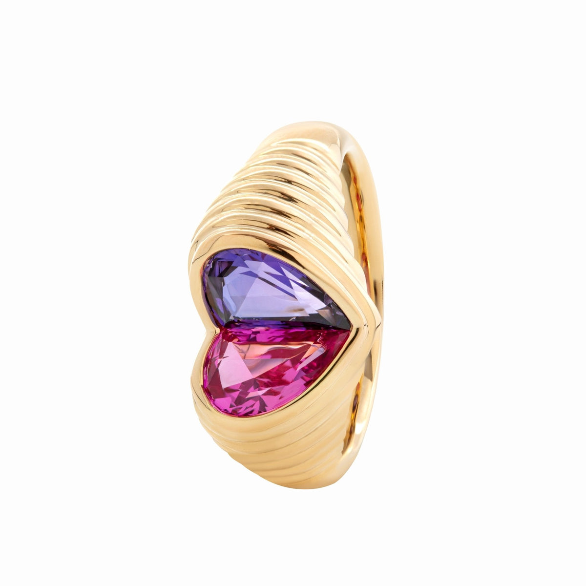 14K Yellow Gold Heart Shaped Toi et Moi Ring with 2 Half Heart Shapes Lab Pink Sapphire and Purple Sapphire (Fancy Corundum) - FIORESE JEWELRY