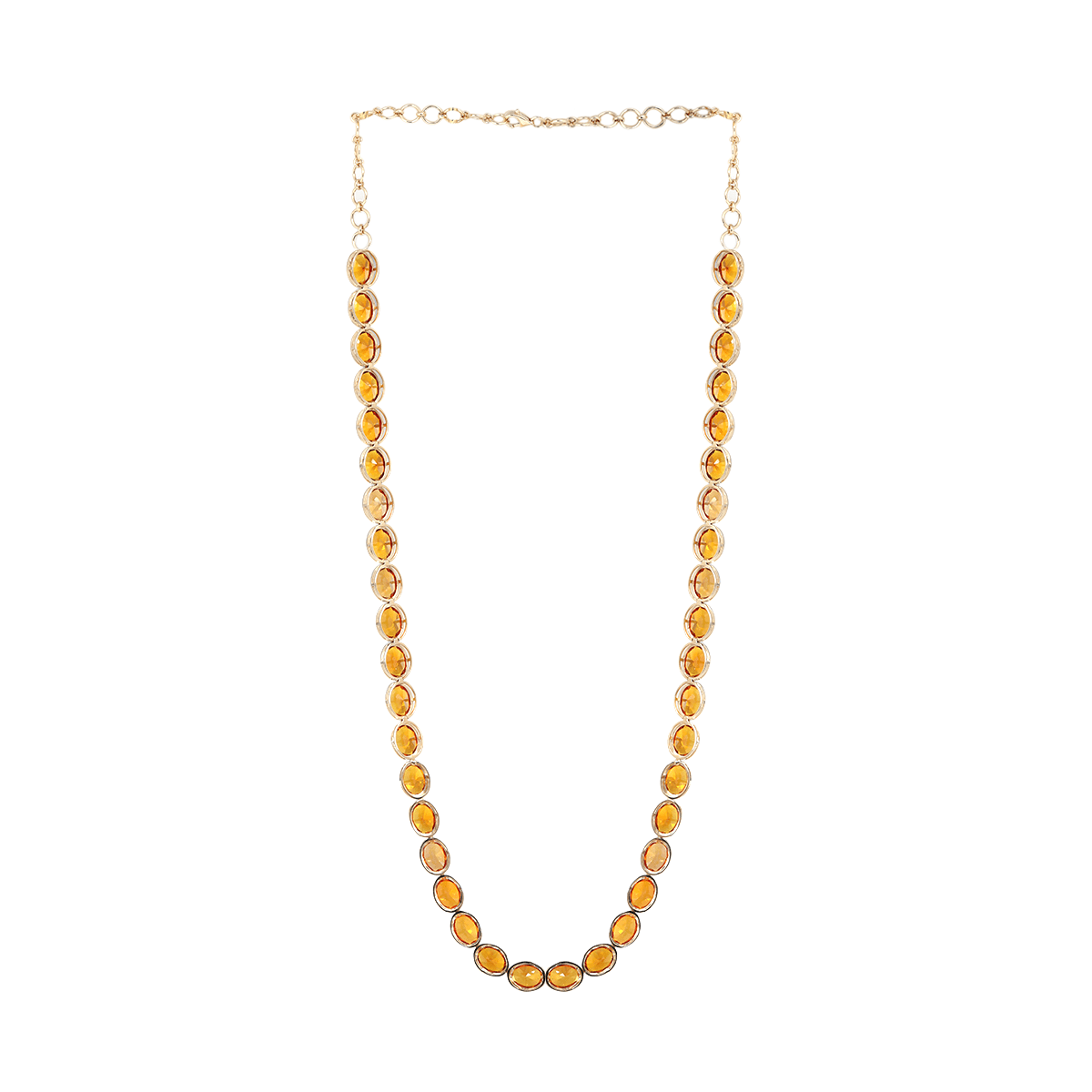 14K Yellow Gold Oval Lab Orange Sapphire Bezel Tennis Necklace with Adjustable Chain - FIORESE JEWELRY