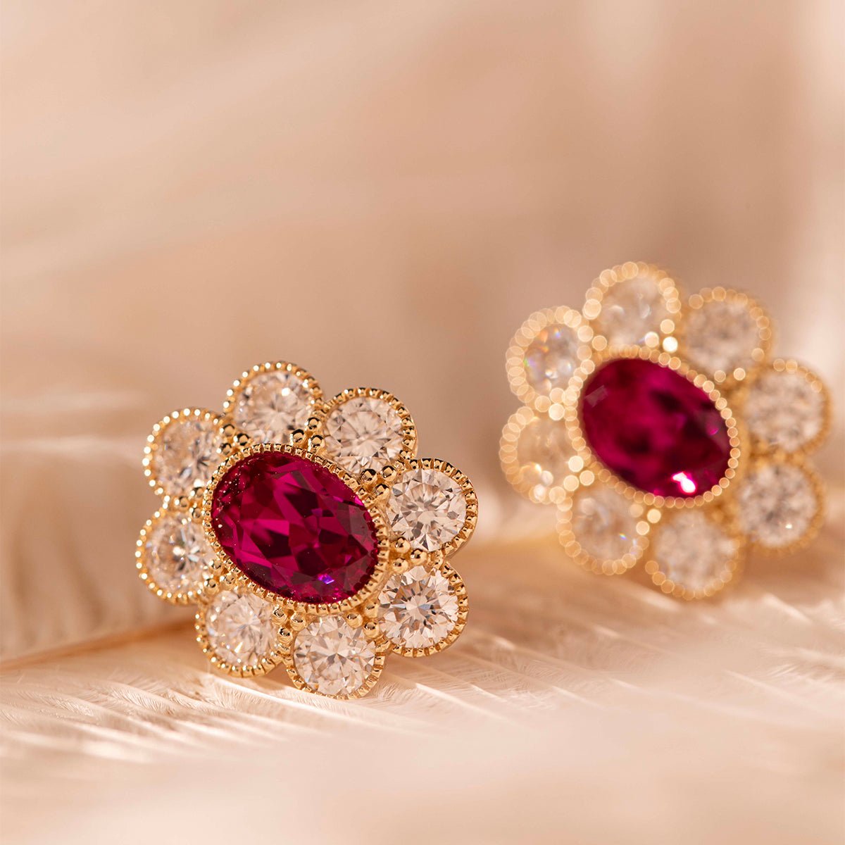 14K Yellow Gold Oval Pink Sapphire & Round Lab Diamond Flower Millegrain Bezel Stud Earrings - FIORESE JEWELRY