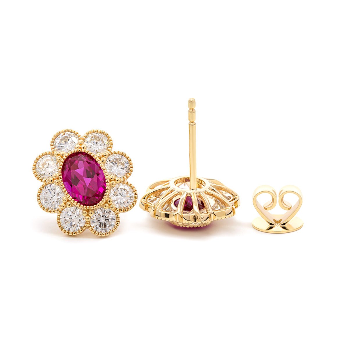 14K Yellow Gold Oval Pink Sapphire & Round Lab Diamond Flower Millegrain Bezel Stud Earrings - FIORESE JEWELRY