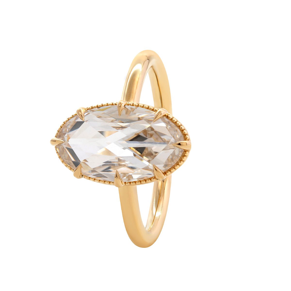 14K Yellow Gold Oval Rose Cut Lab Diamond Millegrain Solitaire Ring - FIORESE JEWELRY