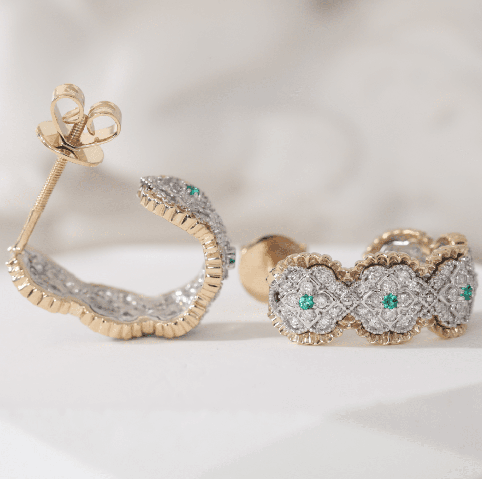 14K Yellow Gold Round Cut Lab Diamond and Round Lab Zambian Emerald Victorian Stud Drop Earrings - FIORESE JEWELRY