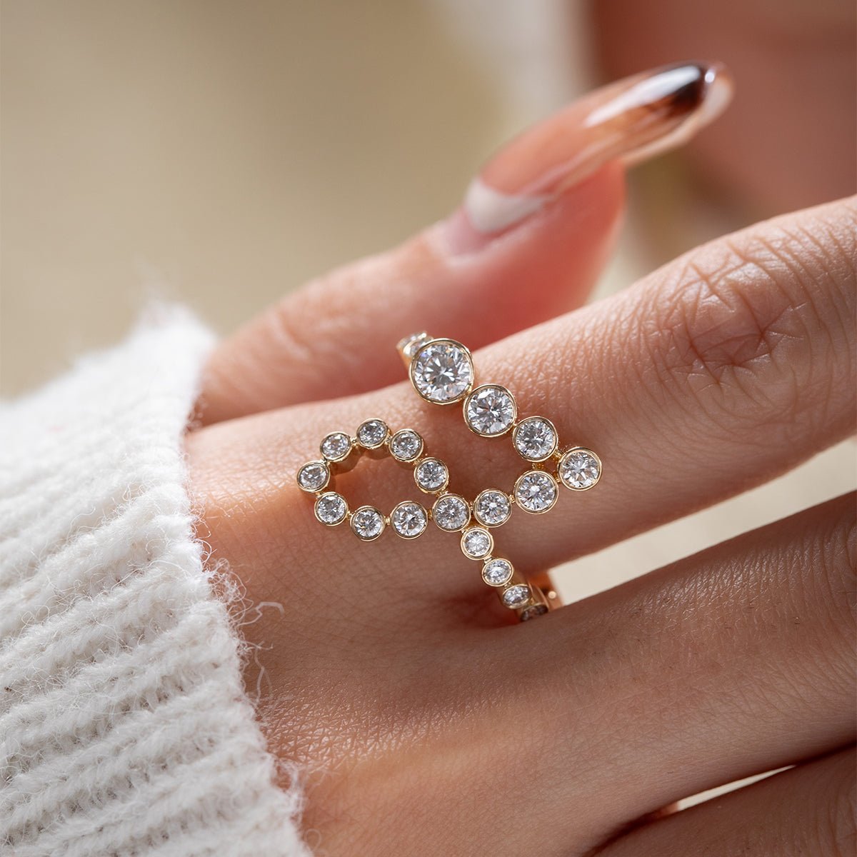 14K Yellow Gold Round Diamond Bezel Ring in J initial - inspired Design - FIORESE JEWELRY