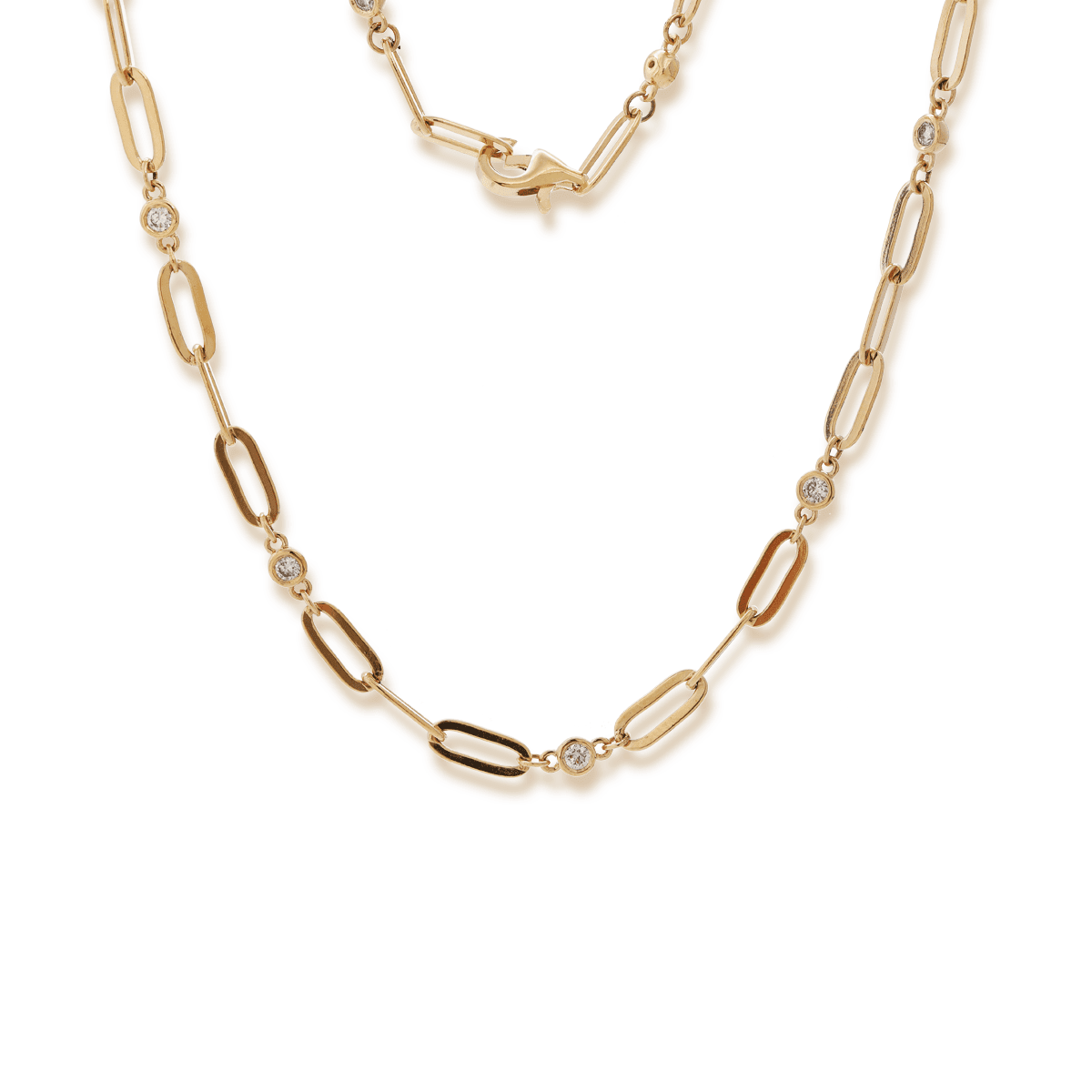 14K Yellow Gold Round Lab Diamond Cross Squashed Chain Station Necklace - FIORESE JEWELRY