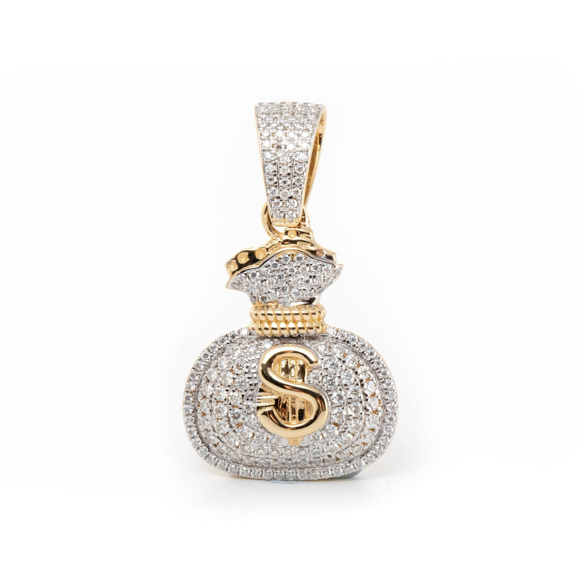 14K Yellow Gold Round Lab Diamond Money Bag Pendant Necklace with White Gold - plated Prongs - FIORESE JEWELRY