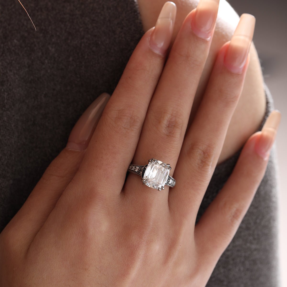 18K Gold 4.5ct Elongated Old Mine Cut Lab Diamond Antique - inspired Ring with Princess Cut Lab Sapphire & Round Cut Lab Diamond Side - stone - FIORESE JEWELRY