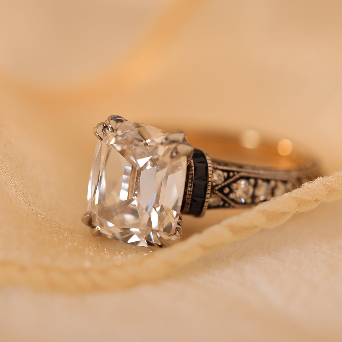 18K Gold 4.5ct Elongated Old Mine Cut Lab Diamond Antique - inspired Ring with Princess Cut Lab Sapphire & Round Cut Lab Diamond Side - stone - FIORESE JEWELRY