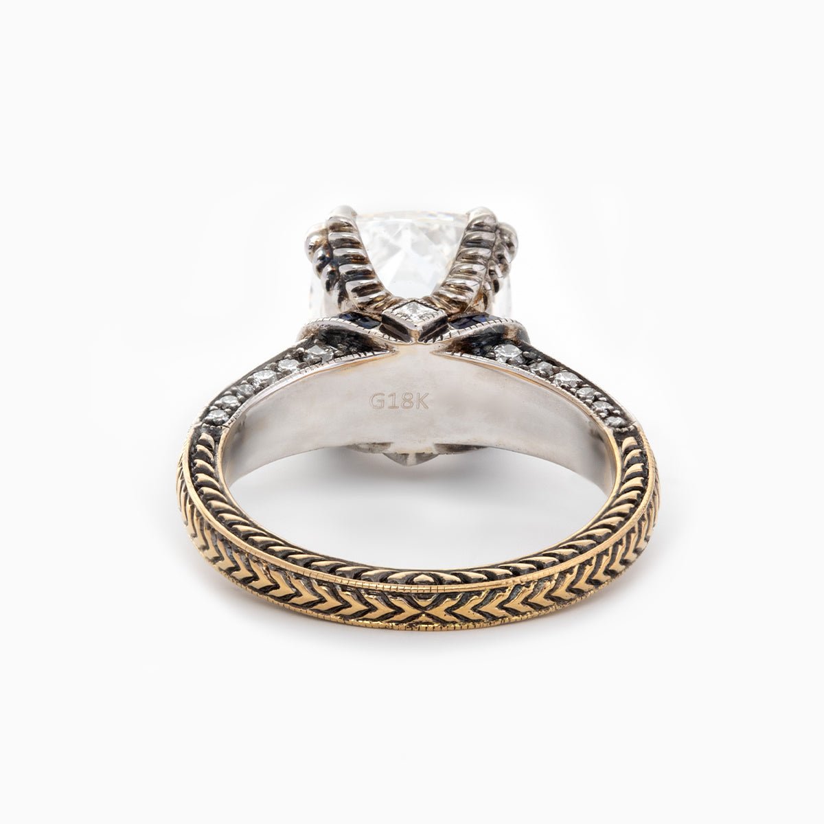 18K Gold 4.5ct Elongated Old Mine Cut Lab Diamond Antique - inspired Ring with Princess Cut Lab Sapphire & Round Cut Lab Diamond Side - stone - FIORESE JEWELRY