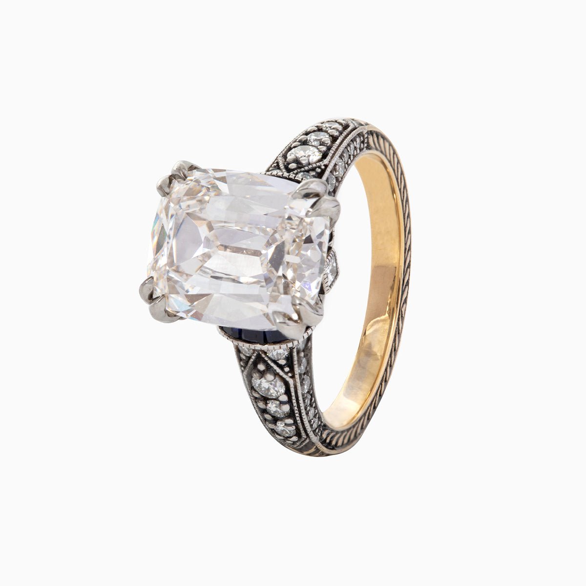 18K Gold 4.5ct Elongated Old Mine Cut Lab Diamond Antique - inspired Ring with Princess Cut Lab Sapphire & Round Cut Lab Diamond Side - stone - FIORESE JEWELRY