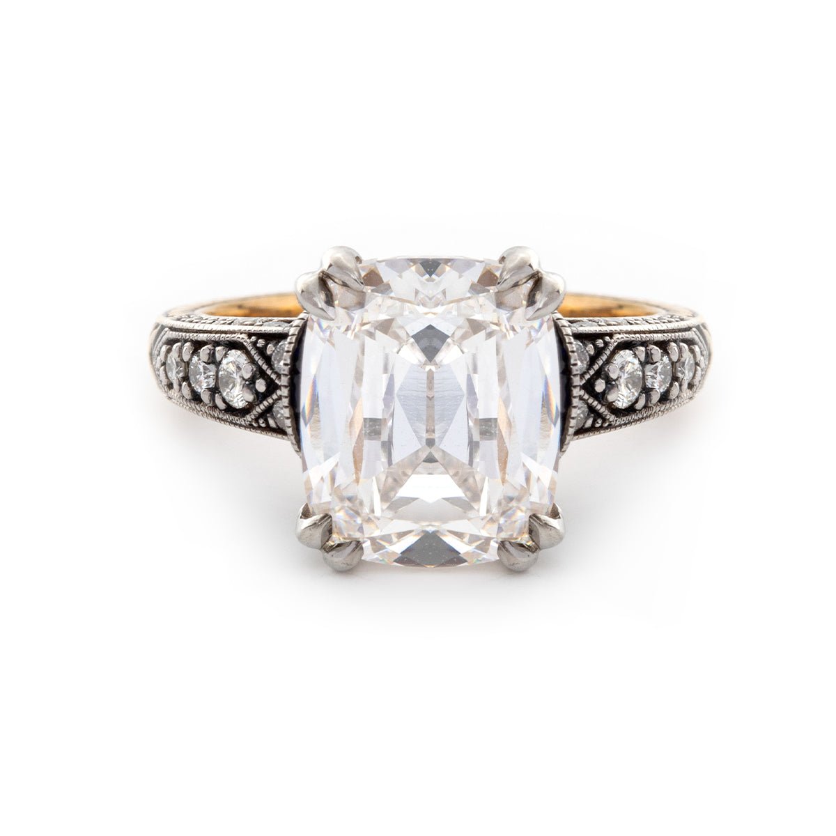 18K Gold 4.5ct Elongated Old Mine Cut Lab Diamond Antique - inspired Ring with Princess Cut Lab Sapphire & Round Cut Lab Diamond Side - stone - FIORESE JEWELRY