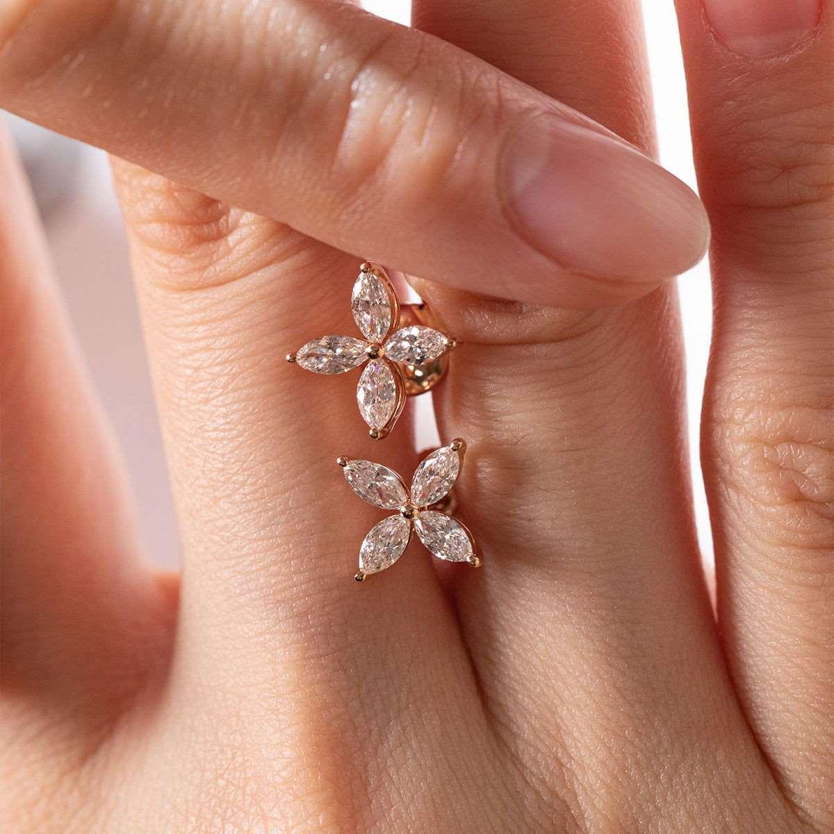18K Rose Gold Marquise Cut Lab Diamond Flower Stud Earrings - FIORESE JEWELRY