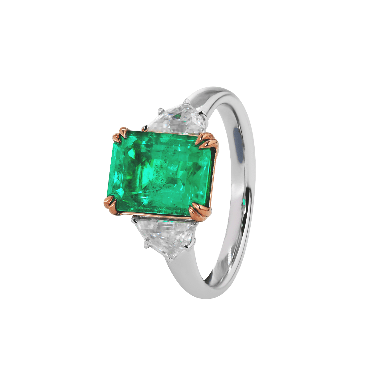18K White and Rose Gold 2ct Lab Emerald Three Stone Ring with Cadillac Cut Lab Diamond Side - stone - FIORESE JEWELRY