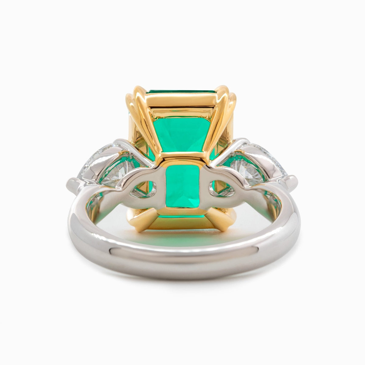 18K White and Yellow Gold 6ct Lab Emerald Three Stone Ring with Pear Cut Lab Diamond Side - stone - FIORESE JEWELRY