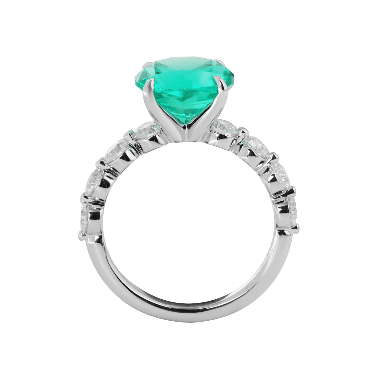 18K White Gold 2.5ct Round Colombian Lab Emerald 4 Calw Prong Ring with 8 Round Lab Diamond Side - stones - FIORESE JEWELRY