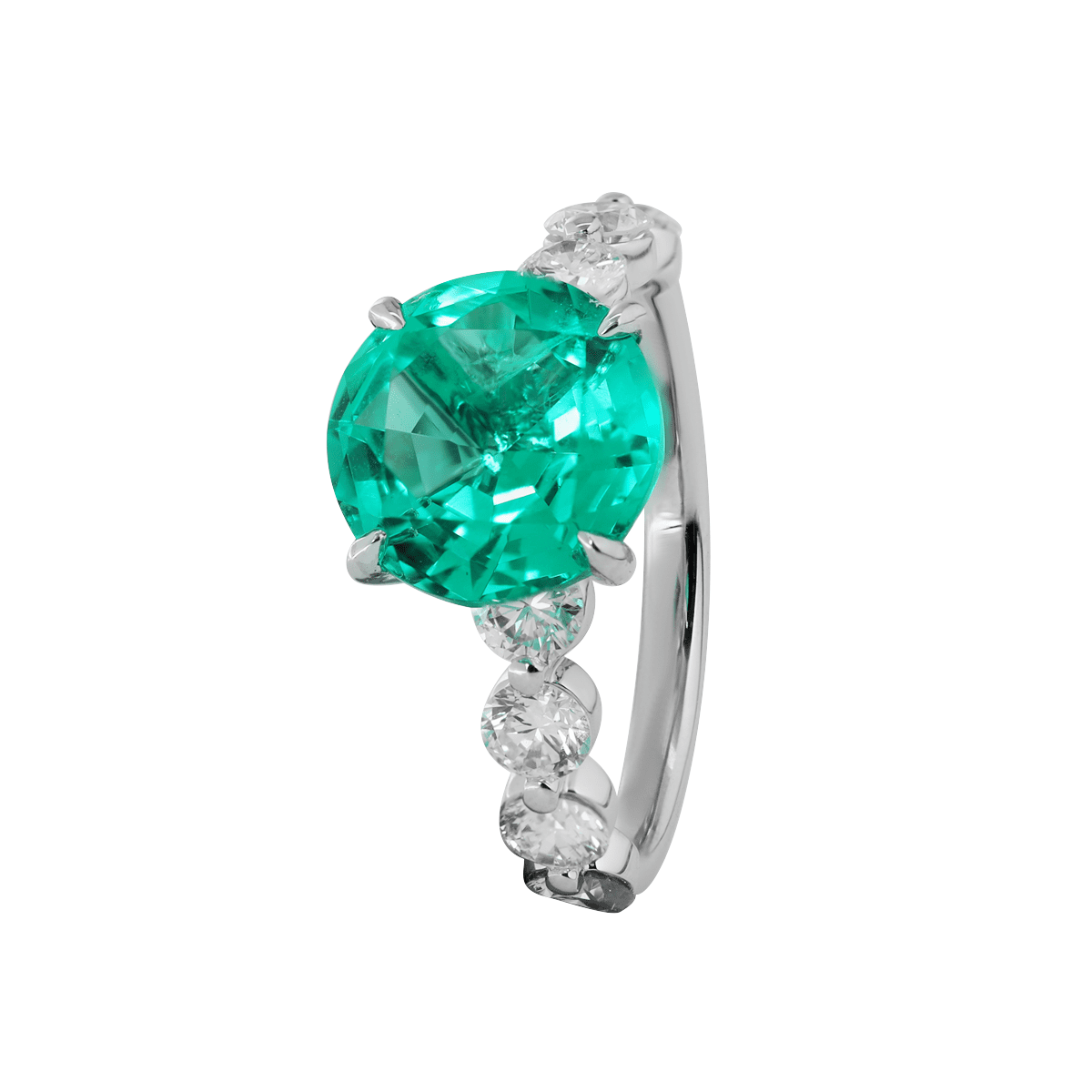 18K White Gold 2.5ct Round Colombian Lab Emerald 4 Calw Prong Ring with 8 Round Lab Diamond Side - stones - FIORESE JEWELRY