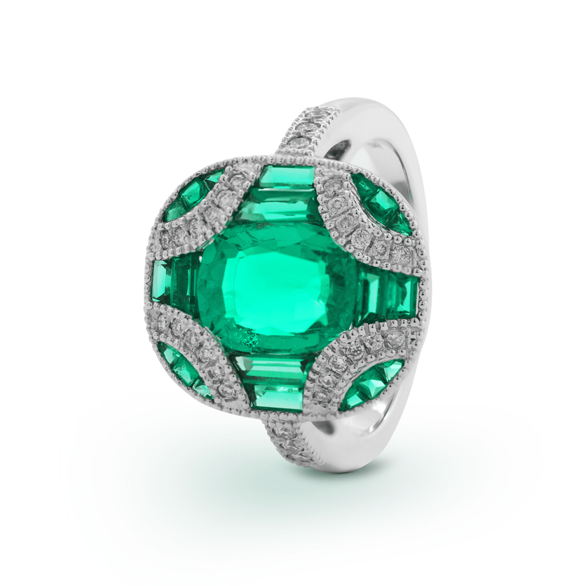 18K White Gold 2ct Cushion Lab Columbian Emerald Millegrain Invisible Setting Vintage Ring with Round Lab Diamond and Mixed Cut Lab Columbian Emerald Side - stones - FIORESE JEWELRY