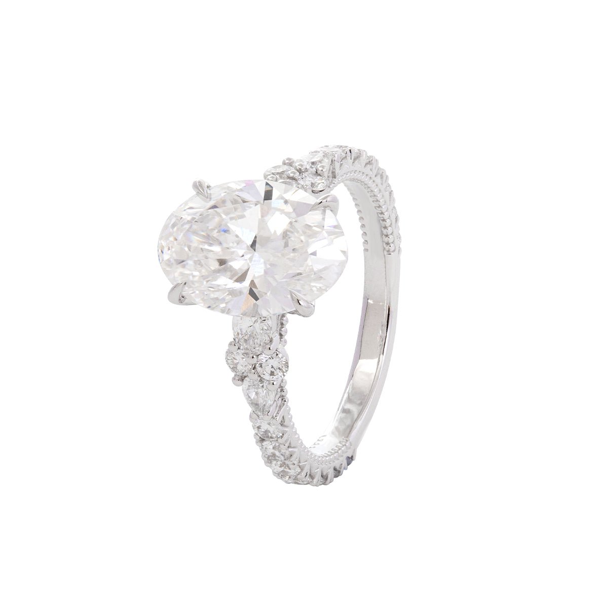 18K White Gold 3.5ct Oval Lab Diamond Vintage Ring with Millegrain and Lab Diamond Side - stones Pave - FIORESE JEWELRY