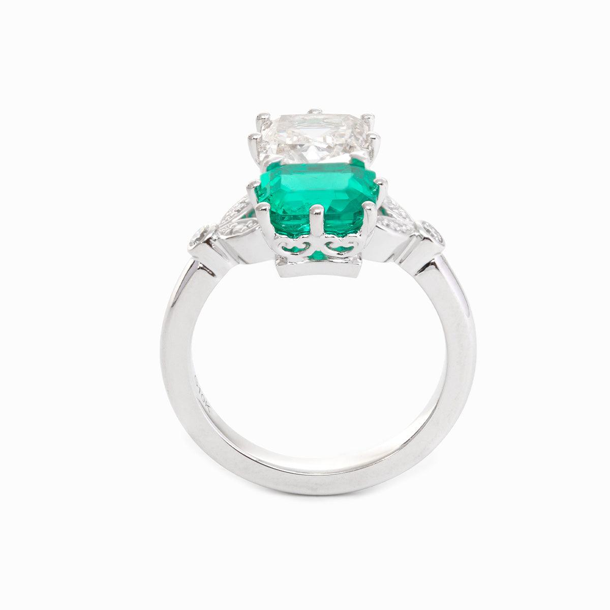 18K White Gold Asscher Cut Lab Emerald & Lab Diamond Toi et Moi Side - stone Cocktail Ring - FIORESE JEWELRY